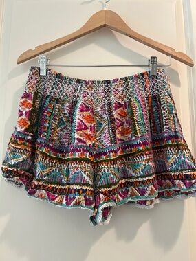 Angie Aztec pattern embroidered trim Shorts Boho wide elastic waistband size M